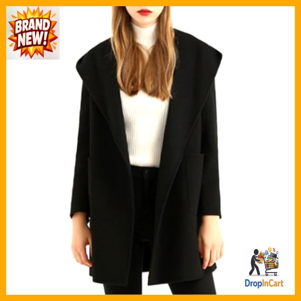 Wool Blend Trench Coat Long Sleeve Open Front Belted Casual Chic Winter Overcoat - Picture 2 of 7